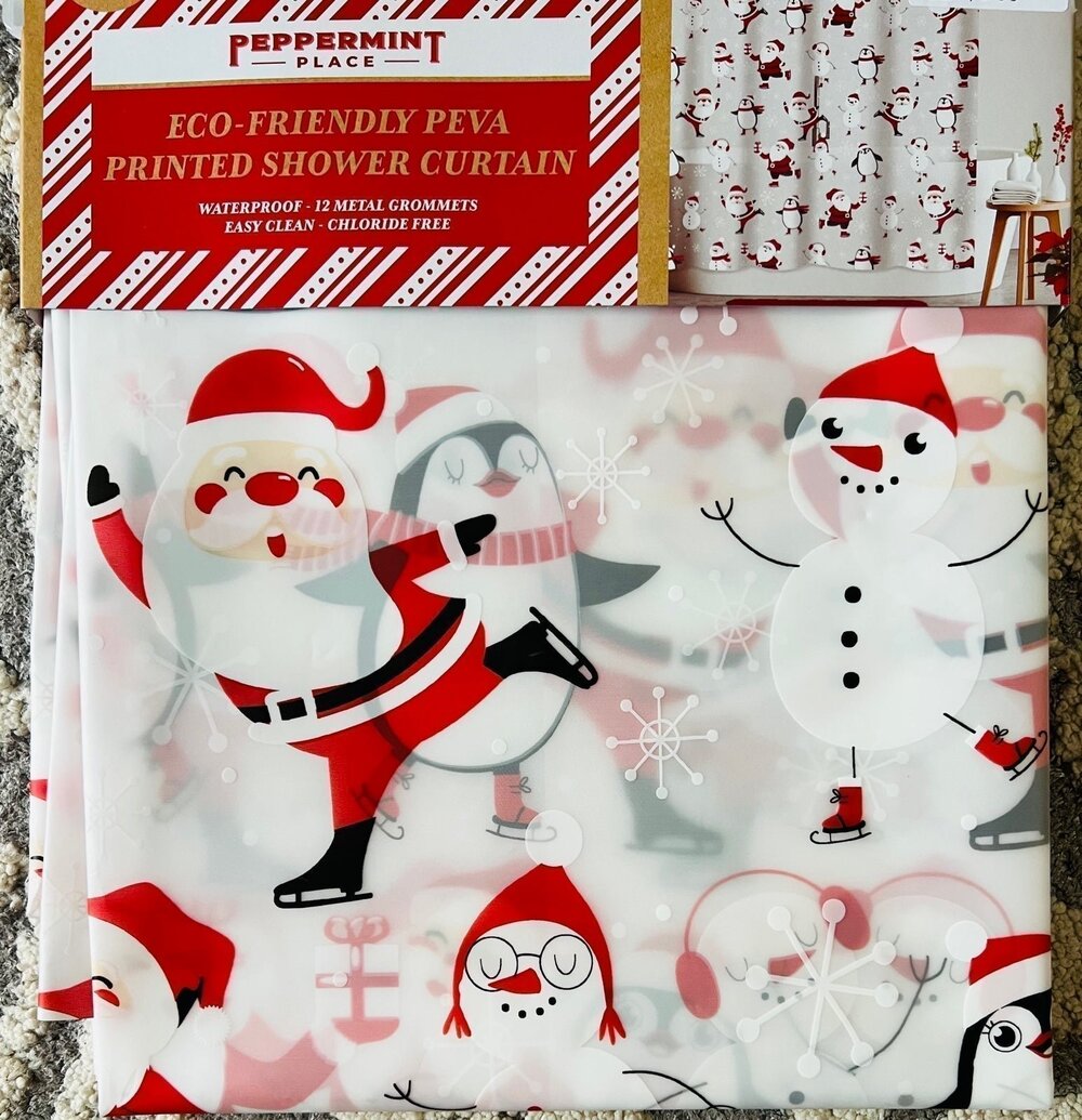 NIB❤️Peppermint Place Santa with Snowman and Penguins Peva Shower Curtain